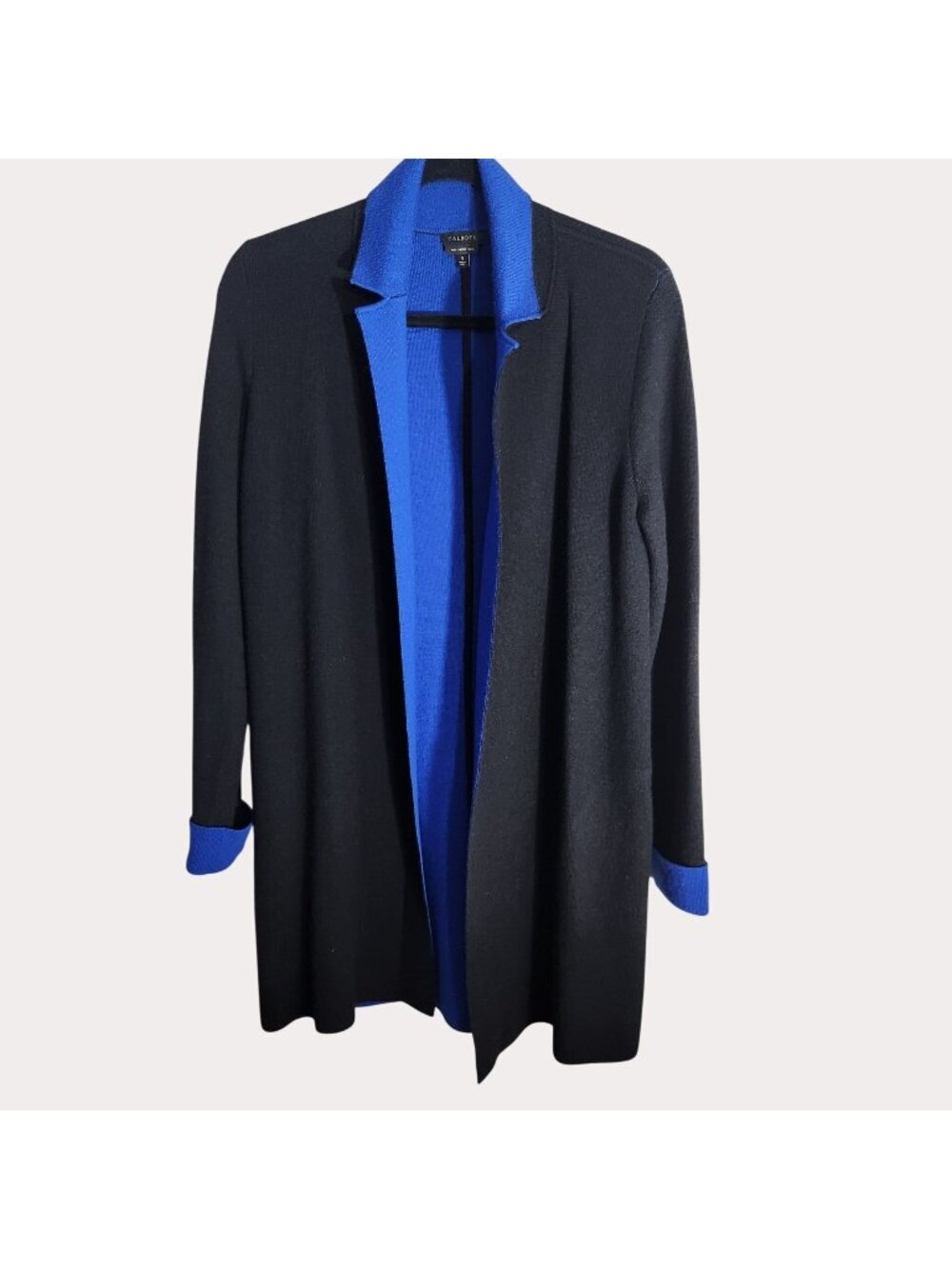Talbots Cardigan Womens Size S Black & Blue Open-Front Pure Merino Wool